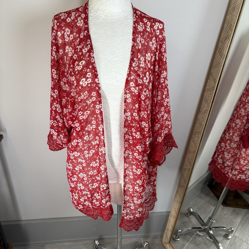Maurices Women L Red Floral Kimono Cardigan Boho Crochet Trim Sheer Swim Cover